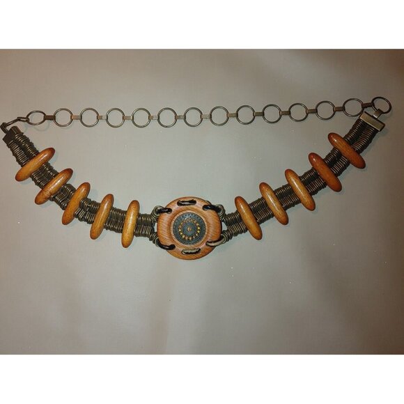 Metal Belt Vintage Boho Rustic Wood Brass Round Decorative Centerpiece Adjust - Picture 8 of 13